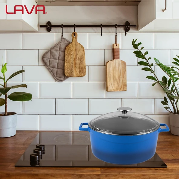 Lava Döküm Yuvarlak Tencere Cam kapaklı. Glaze Çap(Ø)28cm.  Mavi - 7