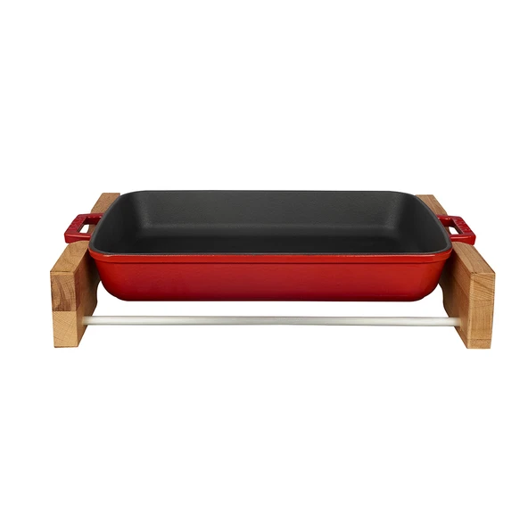 Lava Döküm Dikdörtgen Rosto ve Fırın Tepsisi Kayın Servis Ahşabı Döküm Demir Yekpare Çift Kulplu Ölçü 22x30cm.  Kırmızı - 1