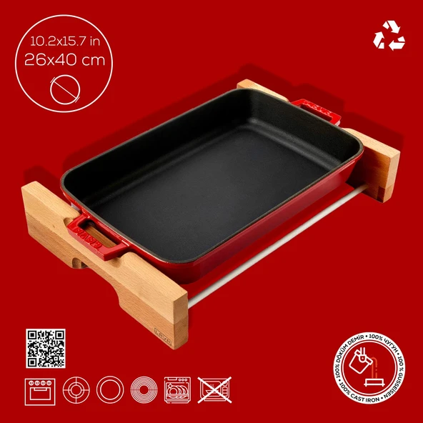 Lava Döküm Dikdörtgen Rosto ve Fırın Tepsisi Kayın Servis Ahşabı Döküm Demir Yekpare Çift Kulplu Ölçü 26x40cm.  Kırmızı - 4