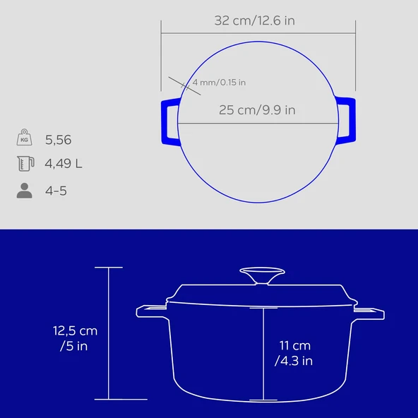 Lava Döküm Yuvarlak Tencere Döküm Demir Yekpare Kulplu Premium Serisi Çap(Ø)24cm.  Mavi - Resim 6