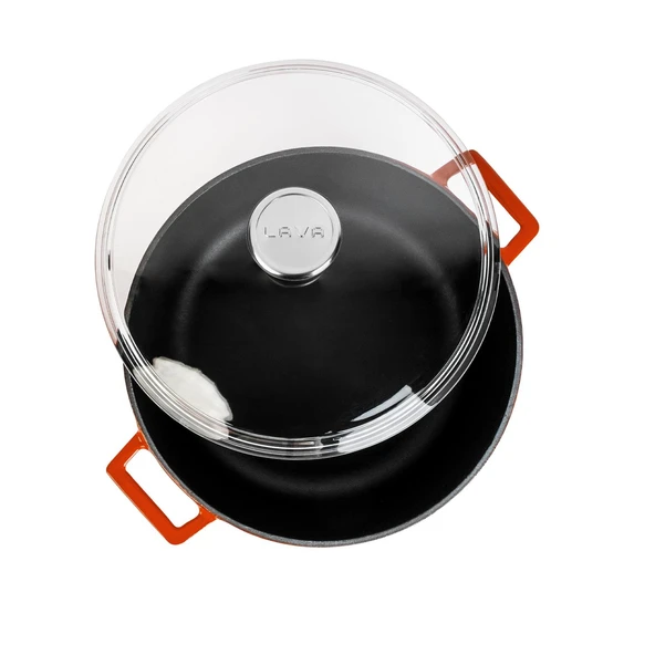 Lava Döküm Yuvarlak Tencere Cam kapaklı. Glaze Çap(Ø)28cm.  Turuncu - Resim 3