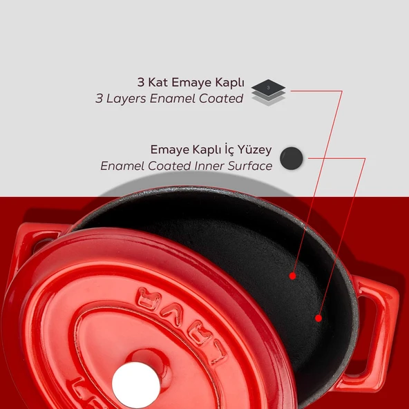 Lava Döküm Mini Oval Tencere. Trendy Serisi Ölçü 9x12cm.  Kırmızı - Resim 6
