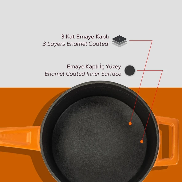 Lava Döküm Yuvarlak Sos Tenceresi Cam kapaklı, Metal Saplı. Glaze Serisi Çap(Ø16 cm.  Turuncu - Resim 6