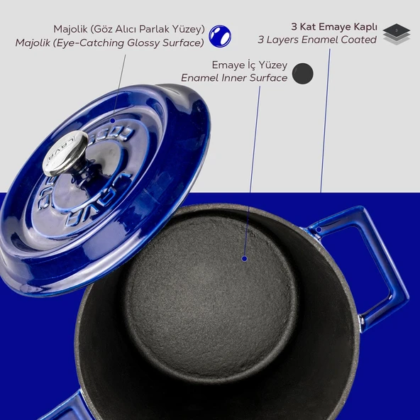 Lava Döküm Yuvarlak Sos Tenceresi Döküm Demir Yekpare Saplı Premium Serisi Çap(Ø)18cm.  Mavi - 7
