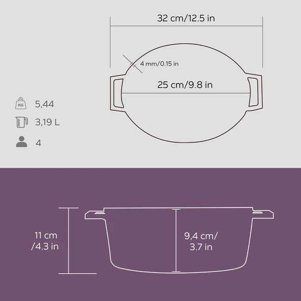 Lava Döküm Oval Tencere. Trendy Serisi Ölçü 21x25cm.  Mor - Resim 5