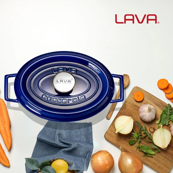 Lava Döküm Oval Tencere Döküm Demir Yekpare Kulplu Premium Serisi Ölçü 21x27cm.  Mavi - Resim 8