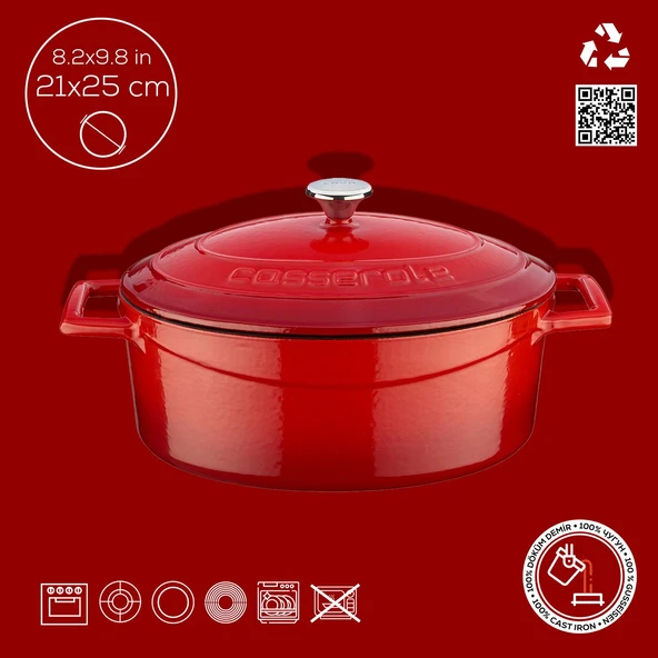 Lava Döküm Oval Tencere. Folk Serisi Ölçü 21x25cm.  Kırmızı - Resim 4