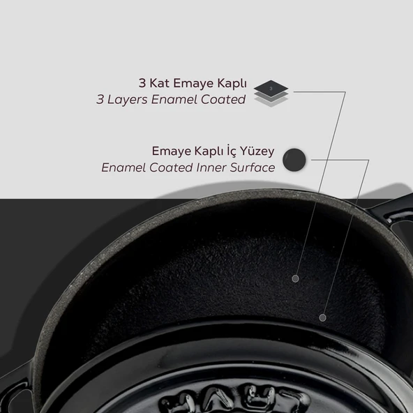 Lava Döküm Mini Oval Tencere. Trendy Serisi Ölçü 9x12cm.  Siyah - Resim 6