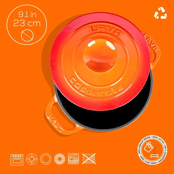Lava Döküm Yuvarlak Tencere Döküm Demir Kapak Experience Serisi Çap(Ø)23cm  Turuncu - 4