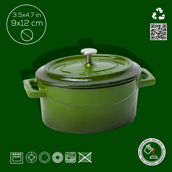 Lava Döküm Mini Oval Tencere. Trendy Serisi Ölçü 9x12cm.  Yeşil - Resim 4
