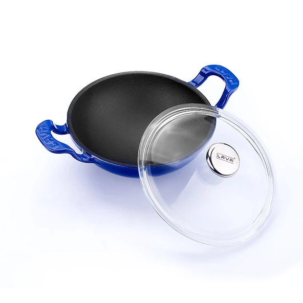 Lava Döküm Mini Wok Yekpare Kulplu Cam Kapaklı Çap(Ø)16cm.  Mavi - 2