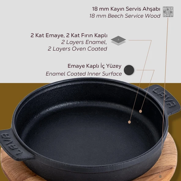 Lava Döküm Yuvarlak Güveç Kabı Döküm Demir Yekpare Çift Kulplu Kayın Servis Ahşabı Çap(Ø)14cm. - 4