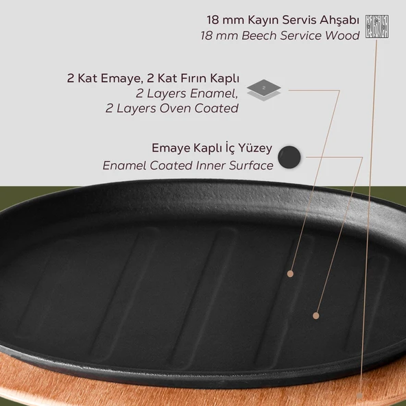 Lava Döküm Oval Fajita Tabağı Kayın Servis Ahşabı Ölçü 18x28cm. (Harici tava tutucu dahil değildir.) - Resim 4