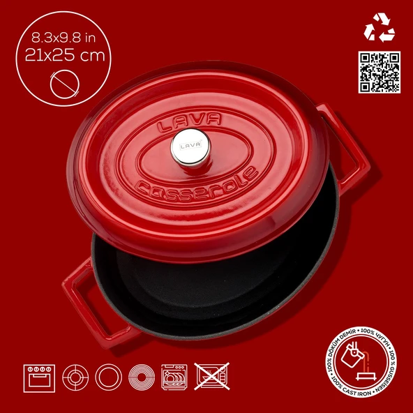 Lava Döküm Oval Tencere. Trendy Serisi Ölçü 21x25cm.  Kırmızı - Resim 4