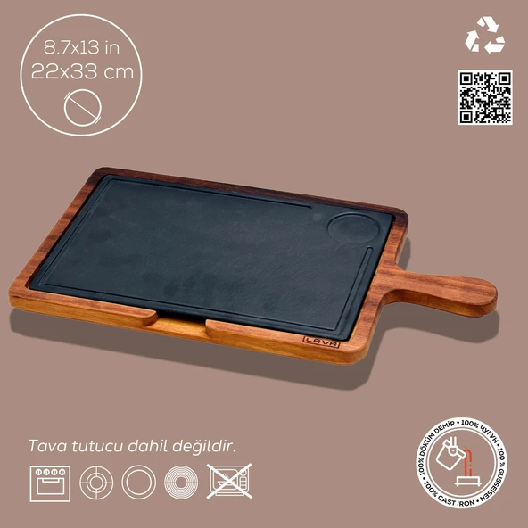 Lava Döküm Ahşap ve Döküm Demir Hot Plate Servis Tahtası. Ölçü 22x33cm. - 2