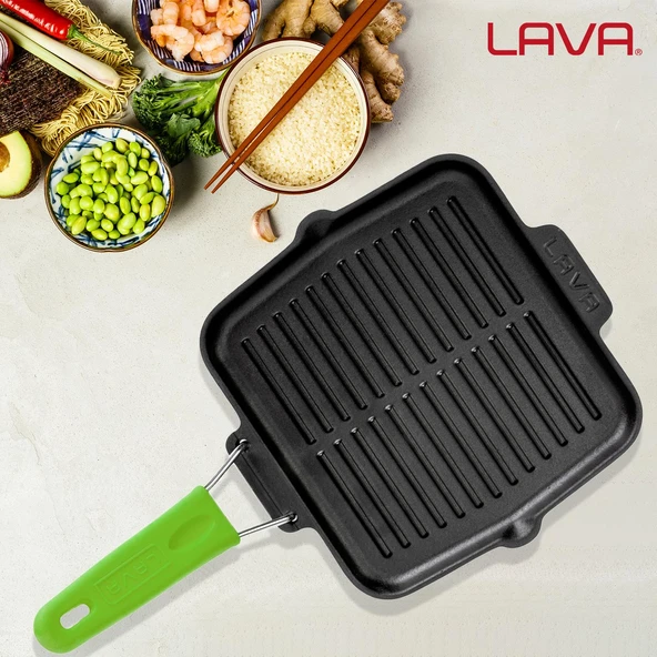 Lava Döküm Kare Sığ Izgara Tavası Silikon Tel Saplı Ölçü 21x21cm.  Yeşil - Resim 8