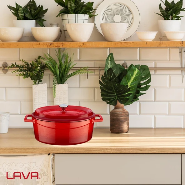 Lava Döküm Oval Tencere. Trendy Serisi Ölçü 21x27cm.  Kırmızı - Resim 7