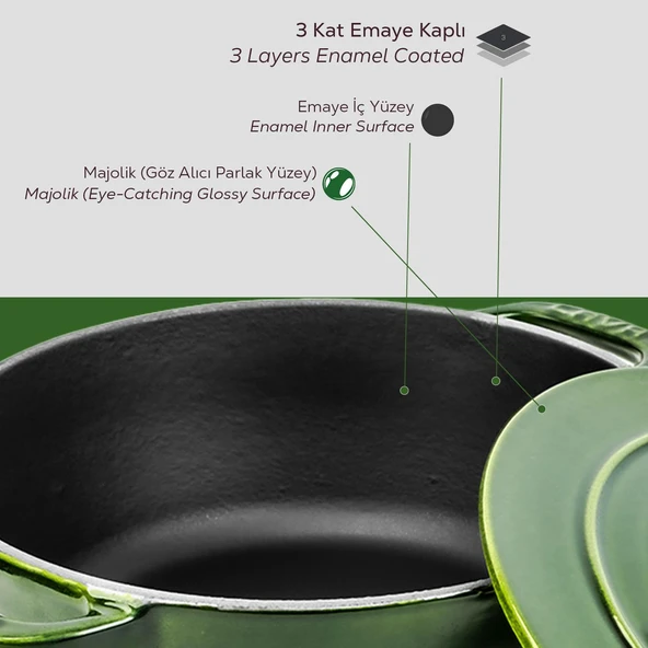 Lava Döküm Yuvarlak Tencere Döküm Demir Kapak Experience Majolik Serisi Çap(Ø)28cm  Yeşil - Resim 6