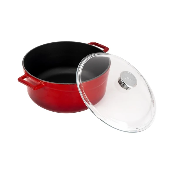 Lava Döküm Yuvarlak Tencere Cam kapaklı. Glaze Çap(Ø)28cm.  Kırmızı - 2