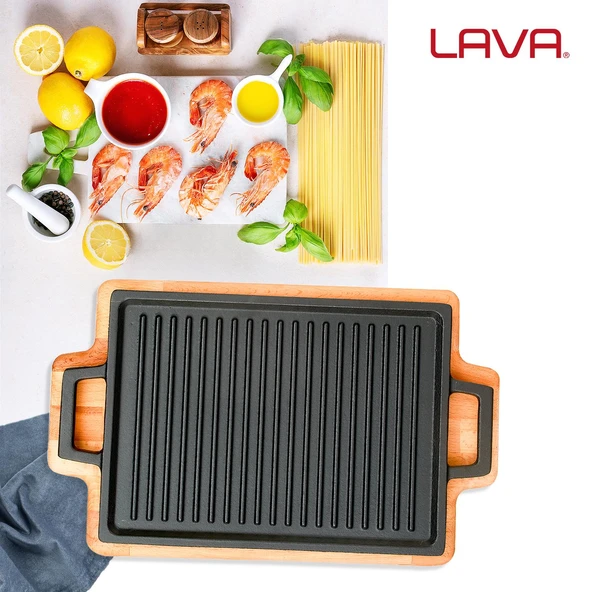 Lava Döküm Dikdörtgen Çift Yön Izgara Hot Plate Döküm Demir Yekpare Çift Kulplu Kayın Servis Ahşabı Ölçü 22x30cm. - Resim 7