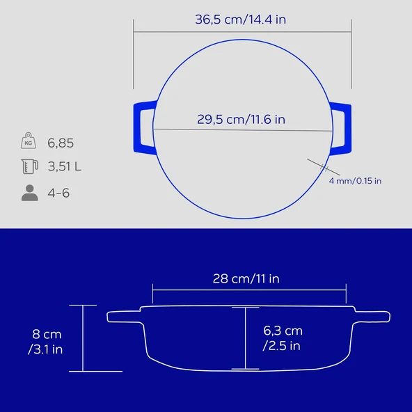 Lava Döküm Çok Amaçlı Yayvan Tencere Döküm Demir Yekpare Kulplu Premium Serisi Çap(Ø)28cm.  Mavi - 5
