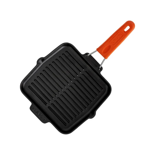 Lava Döküm Kare Sığ Izgara Tavası Silikon Tel Saplı Ölçü 21x21cm.  Turuncu - 2