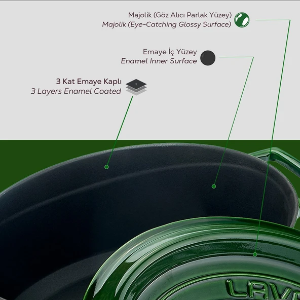 Lava Döküm Oval Tencere Döküm Demir Yekpare Kulplu Premium Serisi Ölçü 21x27cm.  Yeşil - Resim 6