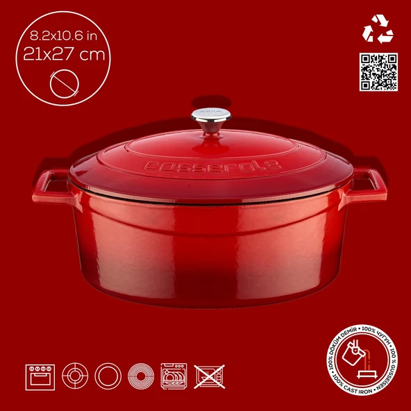 Lava Döküm Oval Tencere. Folk Serisi Ölçü 21x27cm.  Kırmızı - 4