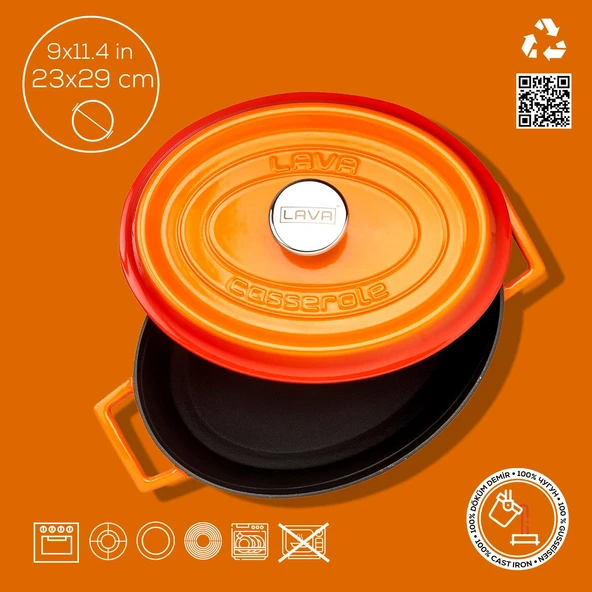 Lava Döküm Oval Tencere. Trendy Serisi Ölçü 23x29cm.  Turuncu - Resim 4