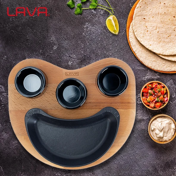 Lava Döküm Böbrek Formlu Fajita Tabağı Kayın Servis Ahşabı Ölçü 10x20cm. (Sos Kapları Dahil Değildir.) - Resim 5