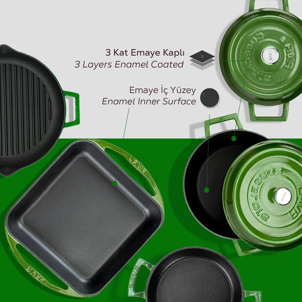 LAVA Döküm Beyaz Ahşap Sandık Hediyeli Çeyiz Seti  Yeşil - Resim 5