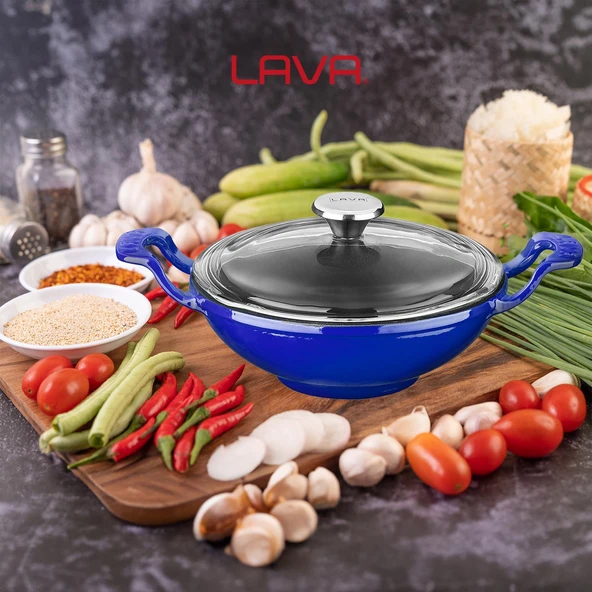 Lava Döküm Mini Wok Yekpare Kulplu Cam Kapaklı Çap(Ø)16cm.  Mavi - 6