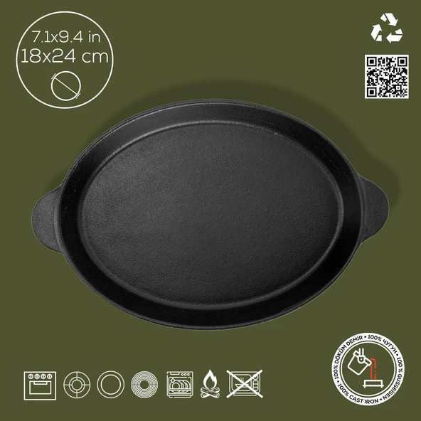 Lava Döküm Oval Fajita Tabağı Döküm Demir Yekpare Çift Kulplu Ölçü 18x24cm. - Resim 2