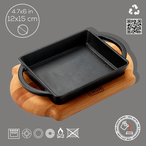 Lava Döküm Dikdörtgen Sahan Döküm Demir Yekpare Çift Kulplu Kayın Servis Ahşabı Ölçü 12x15cm. - 4