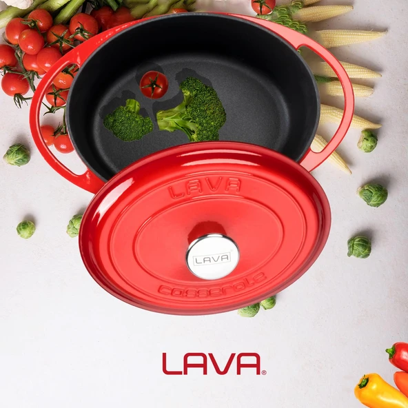 Lava Döküm Oval Tencere Döküm Demir Kapak Heritage Serisi Ölçü 22x28cm.  Kırmızı - Resim 8