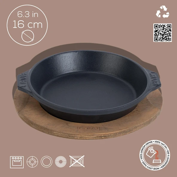 Lava Döküm Yuvarlak Servis Tabağı ve Ahşap altlığı. Çap(Ø)16cm. - 2
