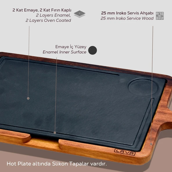 Lava Döküm Ahşap ve Döküm Demir Hot Plate Servis Tahtası. Ölçü 22x33cm. - 4