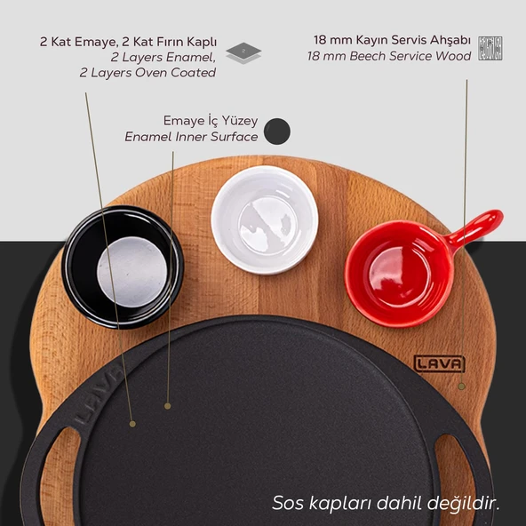 Lava Döküm Yuvarlak Saç Kavurma Tavası Döküm Demir Yekpare Çift Kulplu Kayın Servis Ahşabı Çap(Ø)20cm. (Sos kapları dahil değildir) - Resim 4