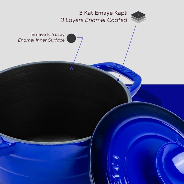 Lava Döküm Yuvarlak Tencere Döküm Demir Kapak Experience Serisi Çap(Ø)23cm  Mavi - Resim 6