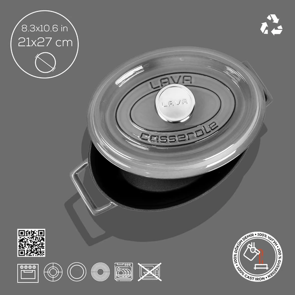 Lava Döküm Oval Tencere Döküm Demir Yekpare Kulplu Premium Serisi Ölçü 21x27cm.  Gri - Resim 4