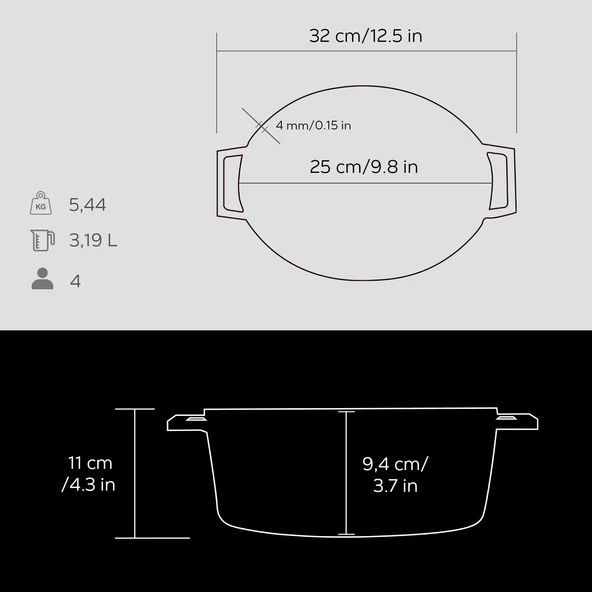 Lava Döküm Oval Tencere. Trendy Serisi Ölçü 21x25cm.  Siyah - Resim 5