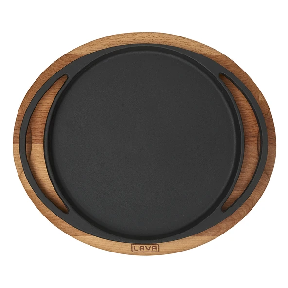 Lava Döküm Yuvarlak Pizza Krep Pankek Tavası Döküm Demir Yekpare Çift Kulplu Kayın Servis Ahşabı Çap(Ø)20cm. - Resim 3