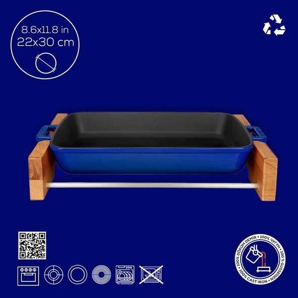 Lava Döküm Dikdörtgen Rosto ve Fırın Tepsisi Kayın Servis Ahşabı Döküm Demir Yekpare Çift Kulplu Ölçü 22x30cm.  Mavi - 4