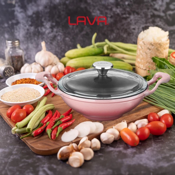 Lava Döküm Mini Wok Yekpare Kulplu Cam Kapaklı Çap(Ø)16cm.  Pembe - 6