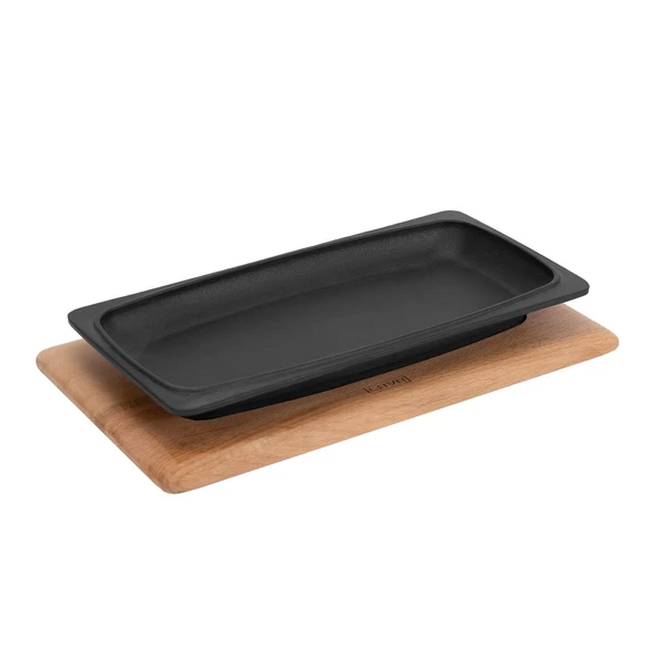 Lava Döküm Dikdörtgen Servis Tabağı ve Kayın Servis Ahşabı. Ölçü 30x15cm.