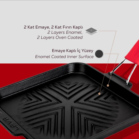 Lava Döküm Kare Sığ Izgara Tavası Snow Serisi Silikon Tel Saplı Ölçü 24x24cm.  Kırmızı - 7
