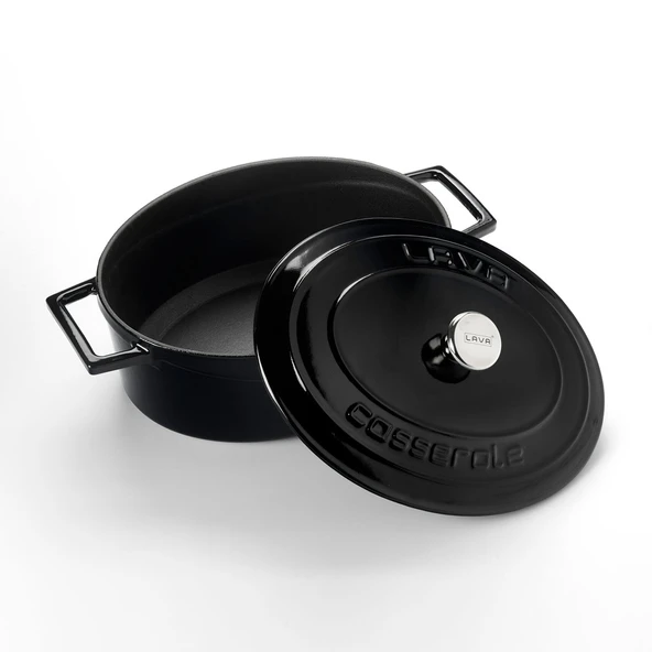 Lava Döküm Oval Tencere. Folk Serisi Ölçü 21x25cm.  Siyah - Resim 2
