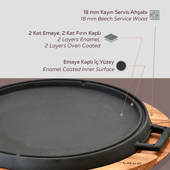 Lava Döküm Yuvarlak Çift Yön Izgara Tavası Kayın Servis Ahşabı Döküm Demir Yekpare Çift Kulplu Çap(Ø)34cm. - 5