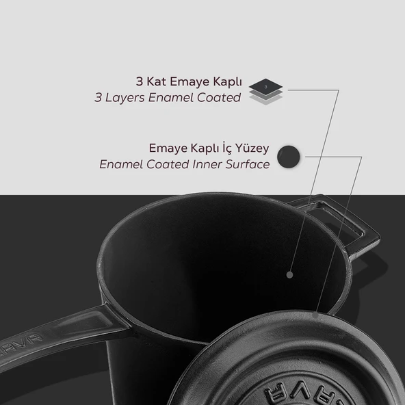 Lava Döküm Yuvarlak Sos Tenceresi. Döküm Demir Yekpare Saplı Trendy Serisi Çap(Ø18 cm.  Mat Siyah - 5