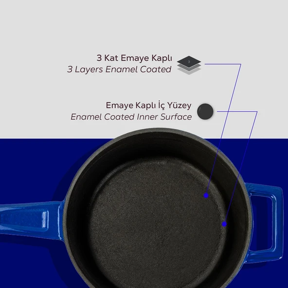 Lava Döküm Yuvarlak Sos Tenceresi Cam kapaklı, Metal Saplı. Glaze Serisi Çap(Ø16 cm. Mavi - 6